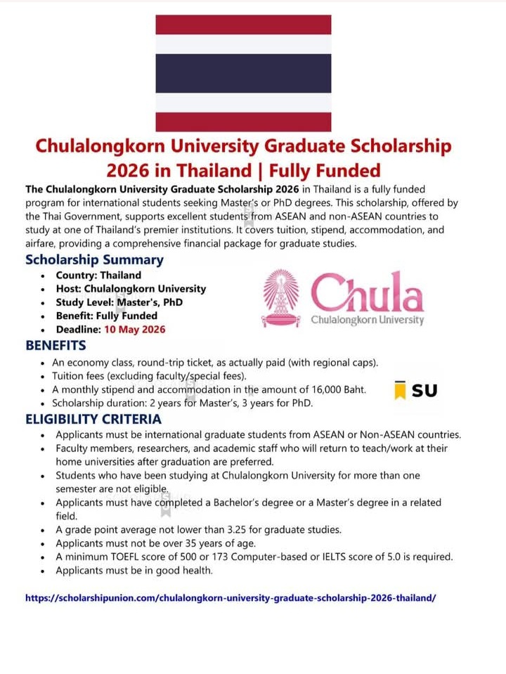 Chulalongkorn University Graduate Scholarship 2026 in Thailand