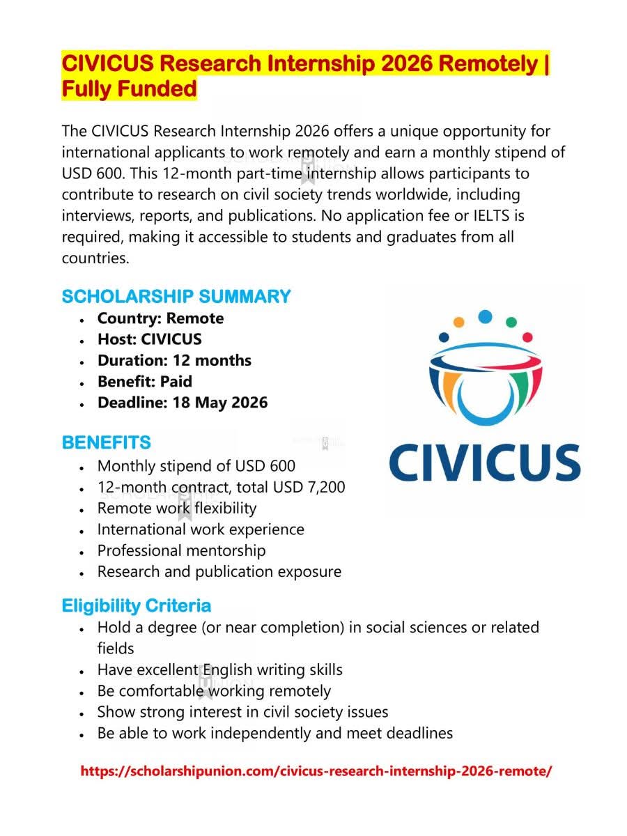 CIVICUS Research Internship 2026 Remotely