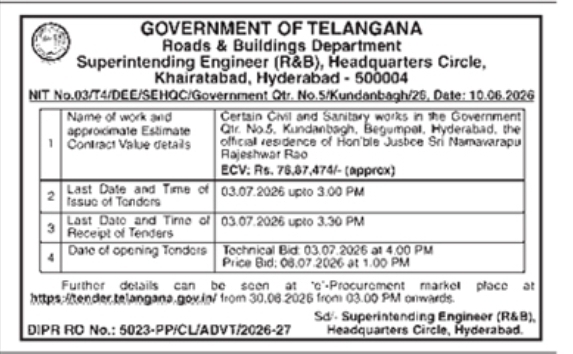 Civil and Sanitary Works Tender: Khairatabad