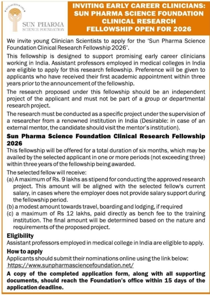 Clinical Research Fellowship Announcement by Sun Pharma Science Foundation