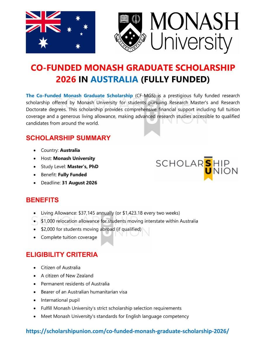 Co-Funded Monash Graduate Scholarship 2026 in Australia