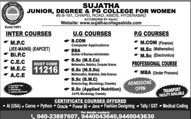 College Admissions Open at Sujatha Women's College Abids