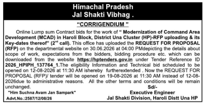 Command Area Development Corrigendum by Himachal Pradesh Jal Shakti Vibhag