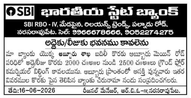 Commercial Space Required on Rent/Lease by State Bank of India Narasaraopet