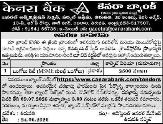 Commercial Space Wanted: Canara Bank, Ongole City
