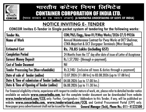 CONCOR Notice Inviting E-Tender for P.Way Maintenance Works
