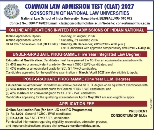 Consortium of National Law Universities CLAT 2027 Admission Notice