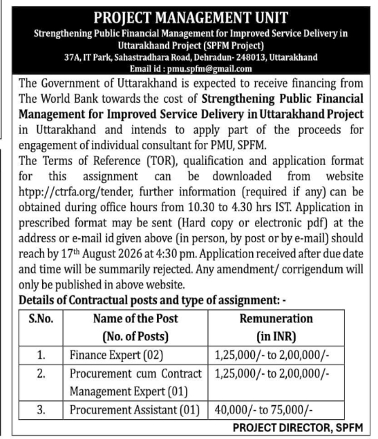 Consultant Recruitment RFP by Uttarakhand Project Management Unit