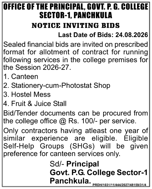 Contract Tenders for Institutional Campus Services by Govt. P. G. College Panchkula