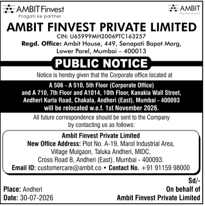Corporate Office Relocation Public Notice by Ambit Finvest