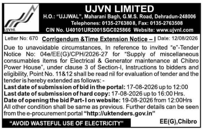 Corrigendum and Time Extension Notice for Consumables Supply by UJVN Limited