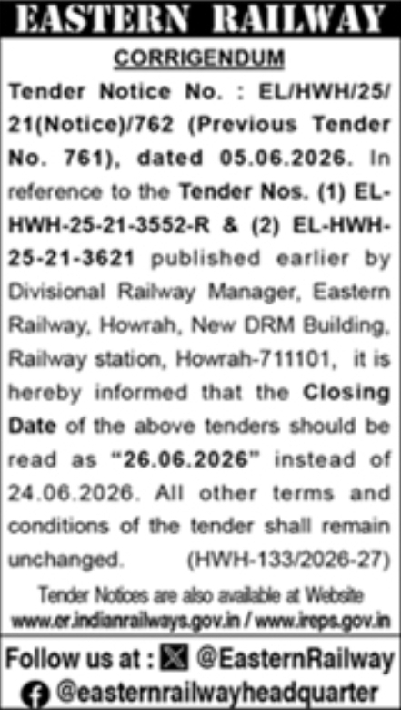 Corrigendum: Closing Date Extended for Eastern Railway Tenders (Howrah)