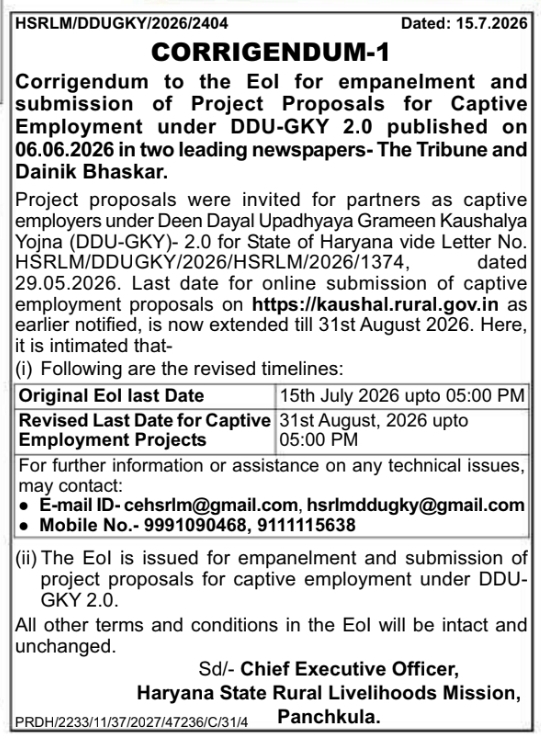 Corrigendum: Deadline Extension for DDU-GKY 2.0 Captive Employment Proposals in Haryana