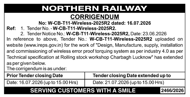 Corrigendum: Northern Railway Wireless Torquing System Tender