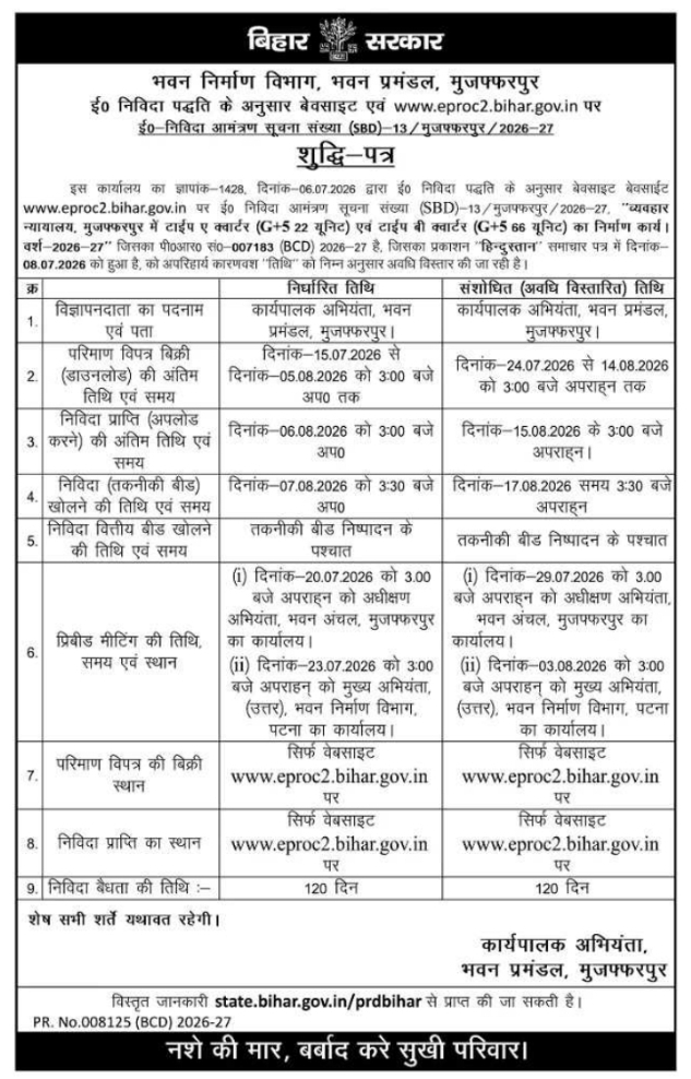 Corrigendum Notice: e-Tender Extension for Quarter Construction