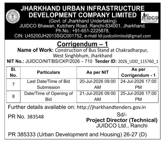 Corrigendum Notice: Extension of Bus Stand Construction Tender