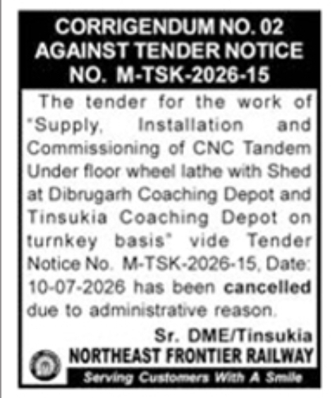 Corrigendum Notice for Cancellation of Wheel Lathe Procurement Tender
