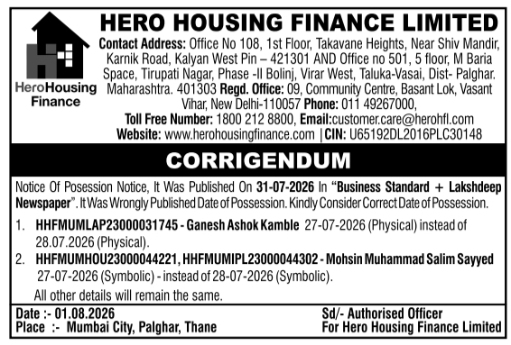 Corrigendum Notice for Correction of Possession Dates