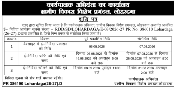 Corrigendum Notice for E-Tender by Rural Development Special Division