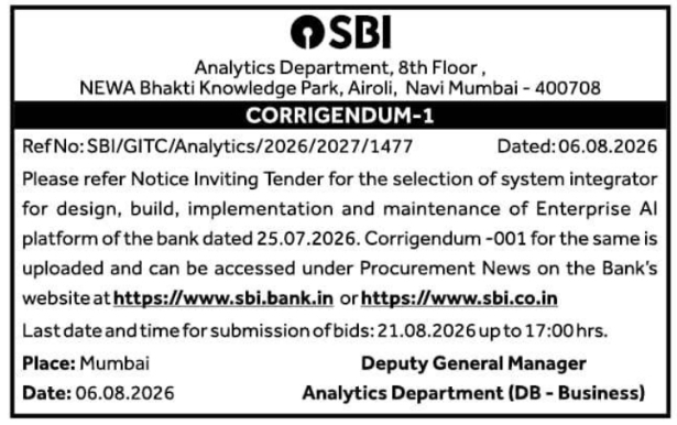 Corrigendum Notice for Enterprise AI Platform Integrator Selection by SBI