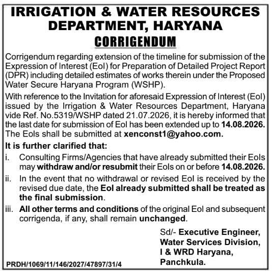 Corrigendum Notice for Eol Timeline Extension by I & WRD Haryana