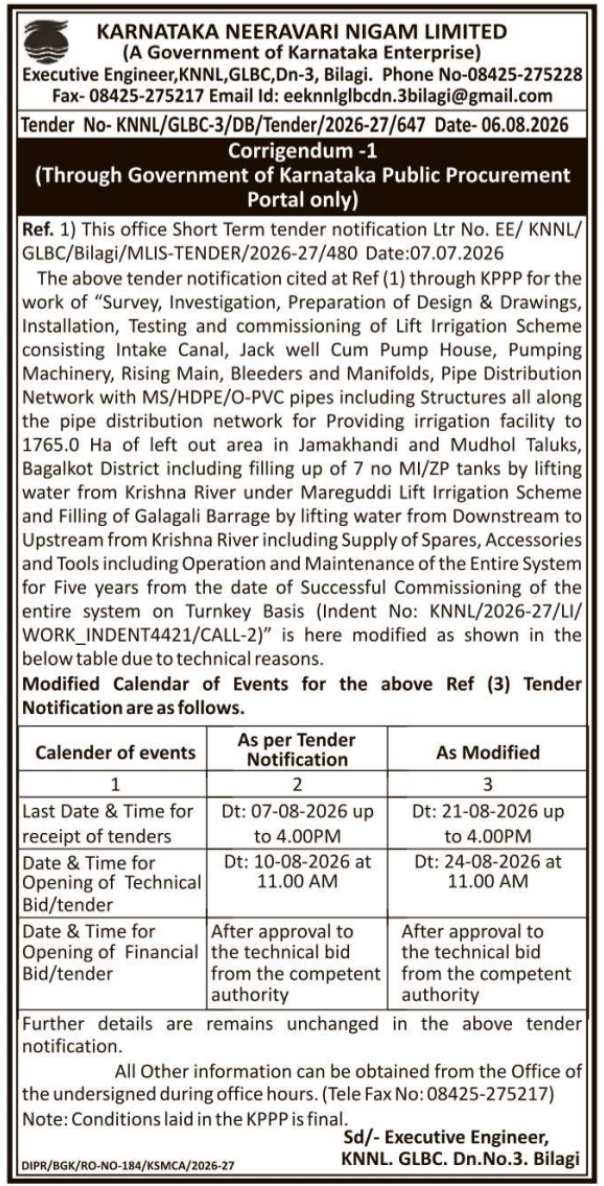 Corrigendum Notice for Lift Irrigation Works by KNNL Bilagi