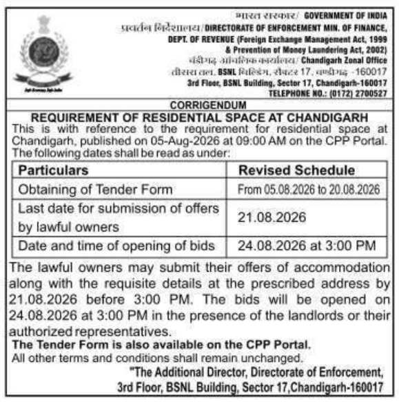 Corrigendum Notice for Residential Space by Directorate of Enforcement Chandigarh
