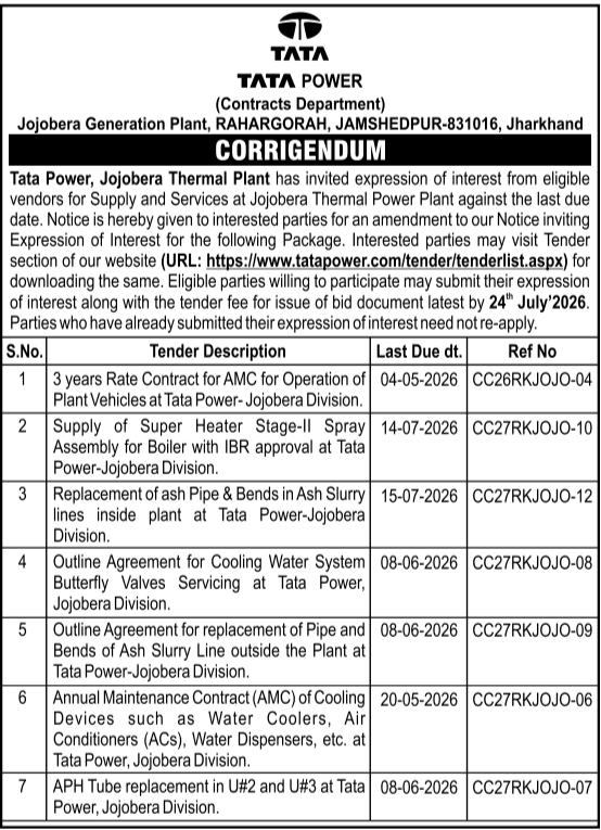 Corrigendum Notice: Plant Supply and Services Work Tata Power Contracts Department, Jamshedpur