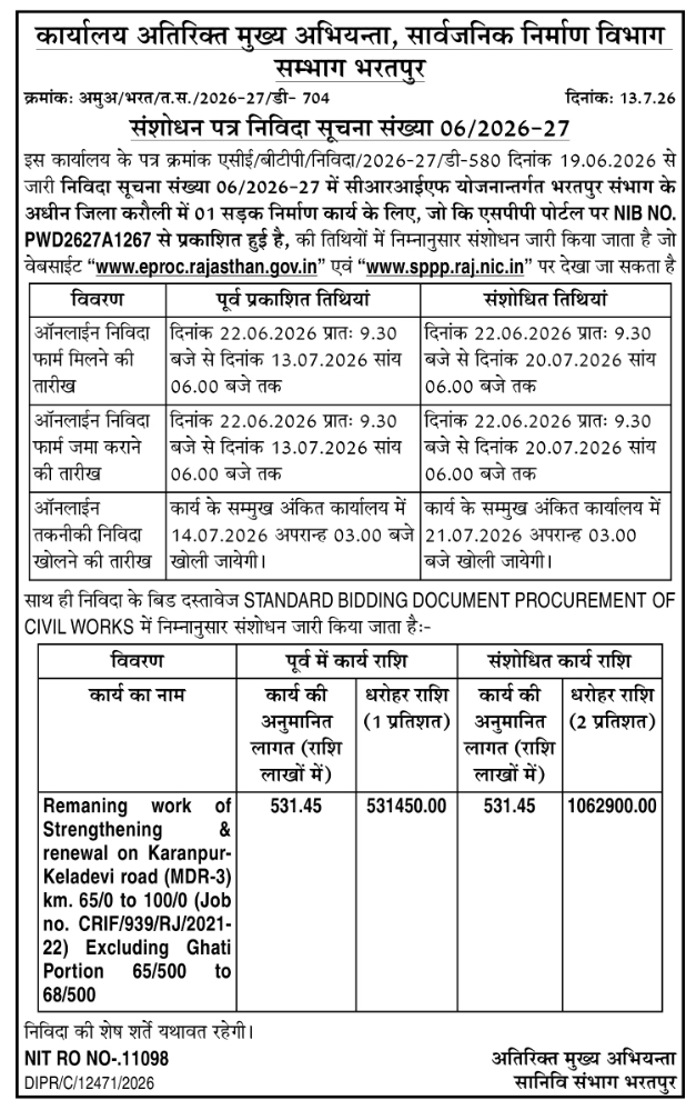 Corrigendum Notice: PWD Bharatpur Division Road Works Amendment