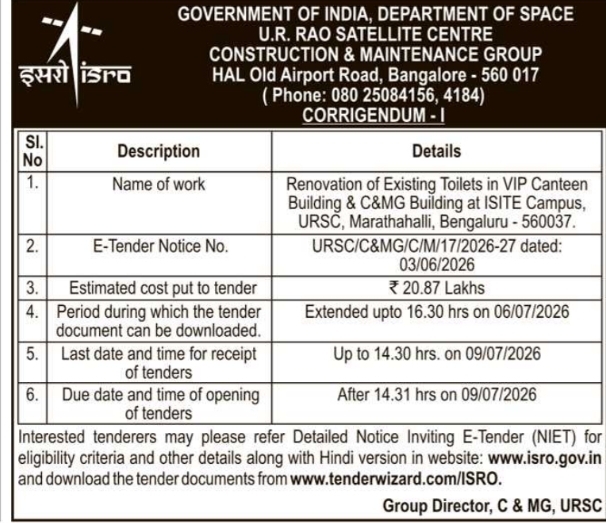 Corrigendum Notice: Renovation Tender, ISRO URSC Bengaluru