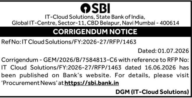 Corrigendum Notice: RFP Amendment for IT-Cloud Solutions at State Bank of India