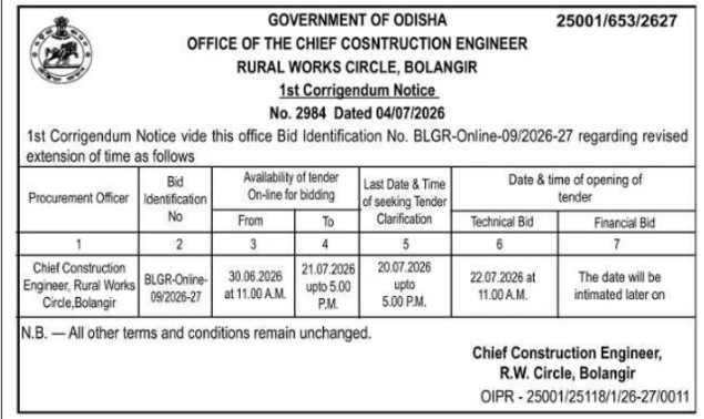 Corrigendum Notice: Rural Works Circle, Bolangir