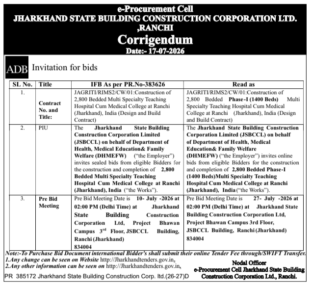 Corrigendum Notice: Teaching Hospital Construction Work JSBCCL, Ranchi