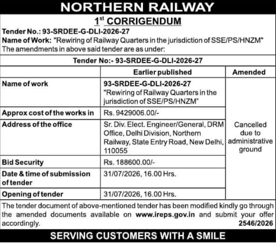 Corrigendum Notice: Tender Cancellation for Rewiring Work