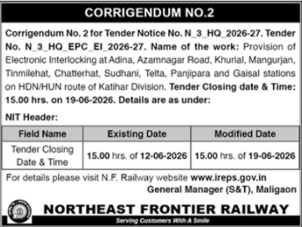 Corrigendum Notice: Tender Date Extension for Electronic Interlocking Works