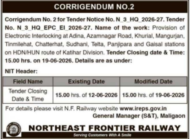 Corrigendum Notice: Tender Extension for Electronic Interlocking Works at Northeast Frontier Railway