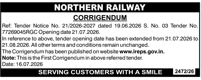 Corrigendum Notice: Tender Extension Work Northern Railway, New Delhi
