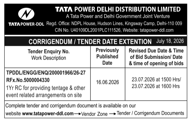 Corrigendum Notice: Tentage and Event Arrangements Work Tata Power Delhi Distribution Limited, Delhi
