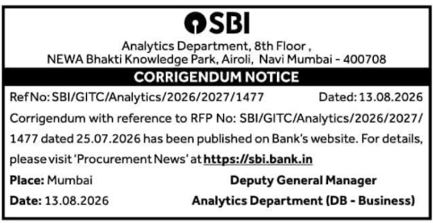Corrigendum Notification for Analytics Department RFP by State Bank of India