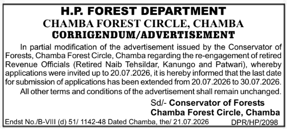 Corrigendum: Retired Revenue Officials Re-engagement (HP Forest Dept)