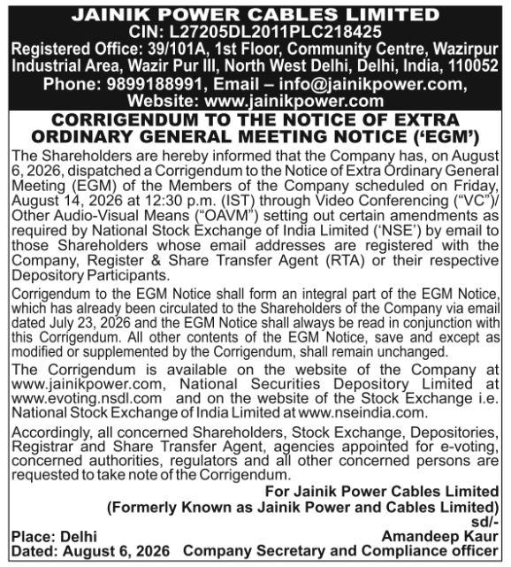 Corrigendum to EGM Notice by Jainik Power Cables