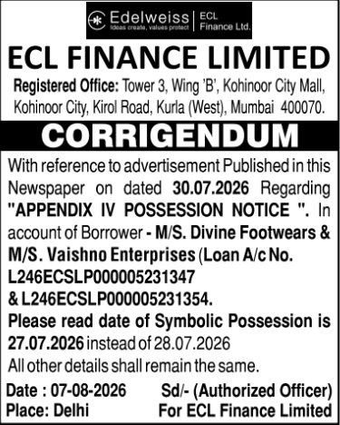 Corrigendum to Possession Notice by ECL Finance Limited