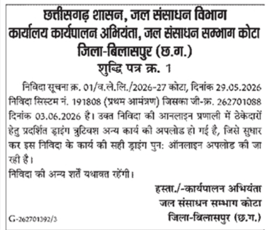 Corrigendum: Water Resources Department Tender Drawing Correction