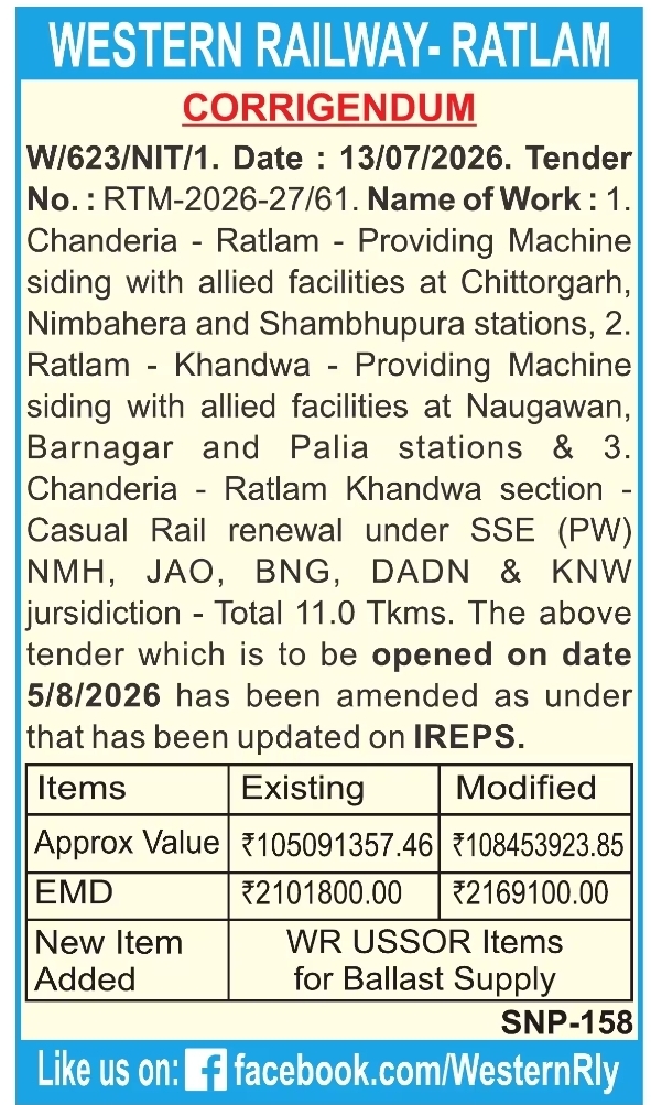 Corrigendum: Western Railway Ratlam Engineering Works Tender
