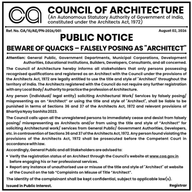 Council of Architecture Public Warning Notice Against Quacks