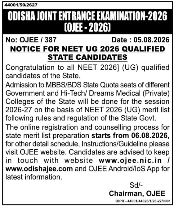 Counselling and Registration Notice for NEET UG Qualified State Candidates by OJEE
