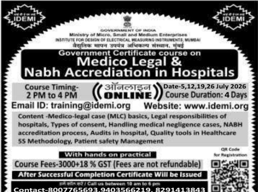 Course Notice: Medico Legal & Nabh Accreditation in Hospitals for IDEMI Mumbai