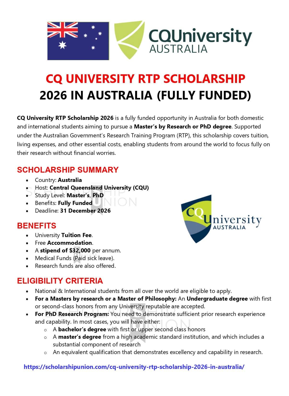 CQ University RTP Scholarship 2026 in Australia