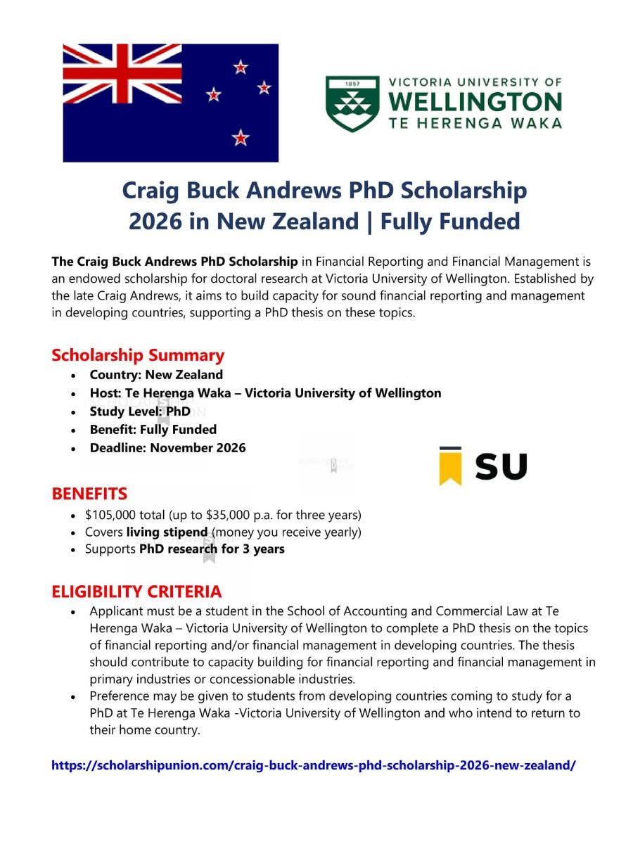 Craig Buck Andrews PhD Scholarship 2026 in New Zealand
