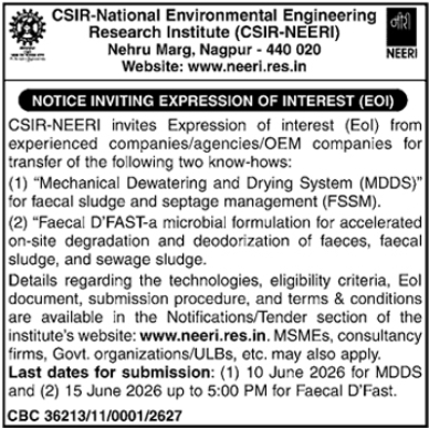 CSIR-NEERI Technology Transfer Expression of Interest Notice